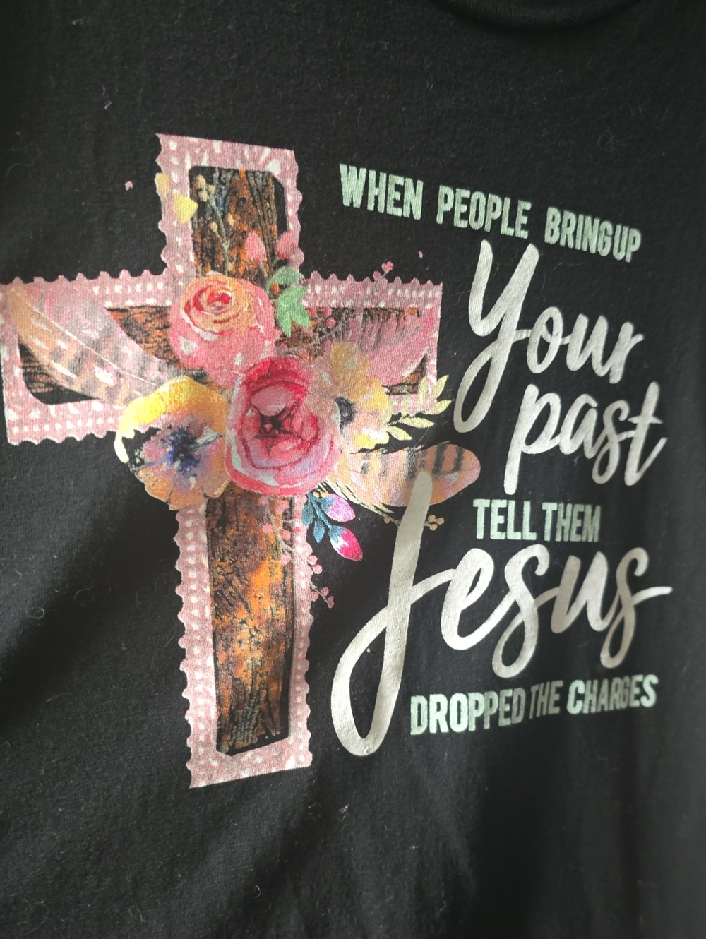 Graphic Cross Floral Jesus Tee - Black with Pink Accents